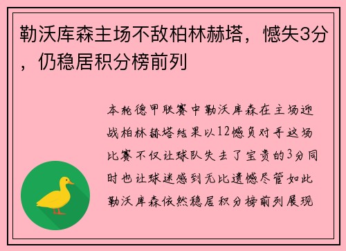 勒沃库森主场不敌柏林赫塔，憾失3分，仍稳居积分榜前列