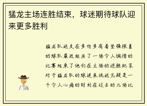 猛龙主场连胜结束，球迷期待球队迎来更多胜利
